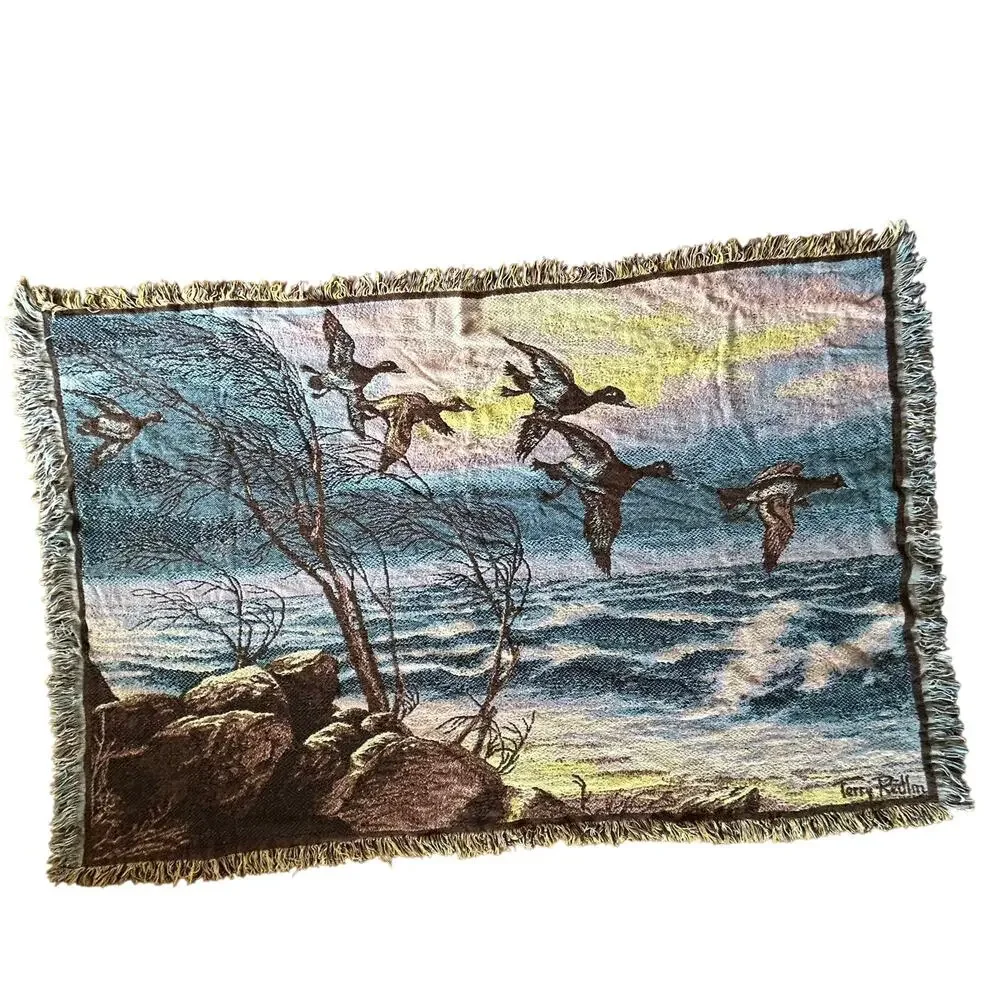 Vintage Terry Redlin jacquard tapestry throw blanket Beacon flying ducks